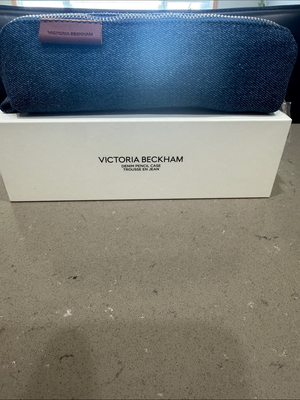 Victoria Beckham Dark Blue Denim Zip Pencil Case with box.  New/Unused